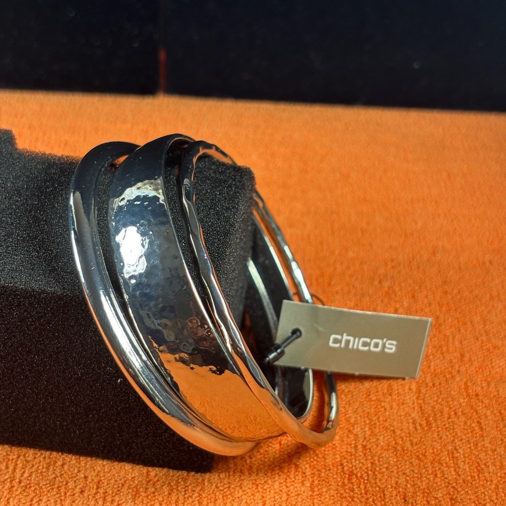 Chico's Silver Hammered 3 Piece Bangle Bracelet